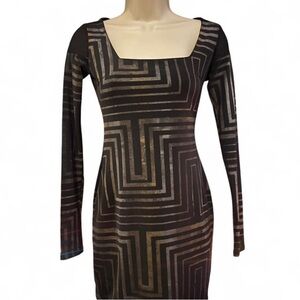 Bebe Black and Gold Patterned Long Sleeve Mini Dress Rare mesh